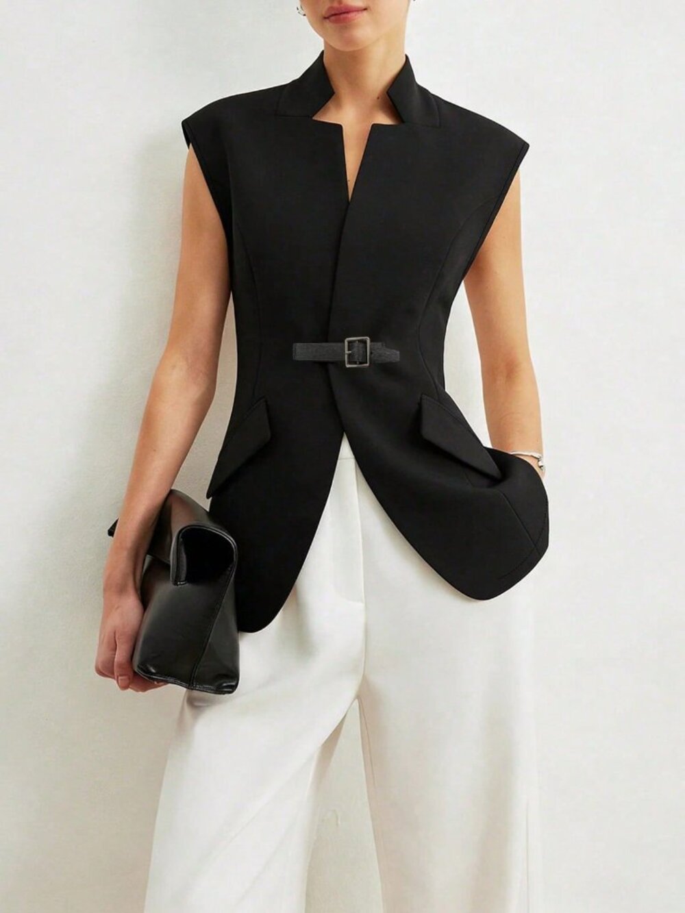 Black Elegant Women's Sleeveless Vest-Style Blazer With Belt And Flared Hem